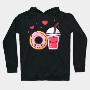 Kawaii Donut and Strawberry Drink with Hearts | Cute Food Art in Kawaii Style Hoodie